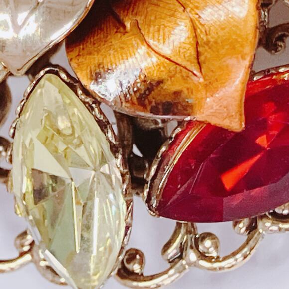 VTG 50s Mid Century Glass Floral Gold Tone Layered Rhinestone Brooch Red Orange - Picture 7 of 12